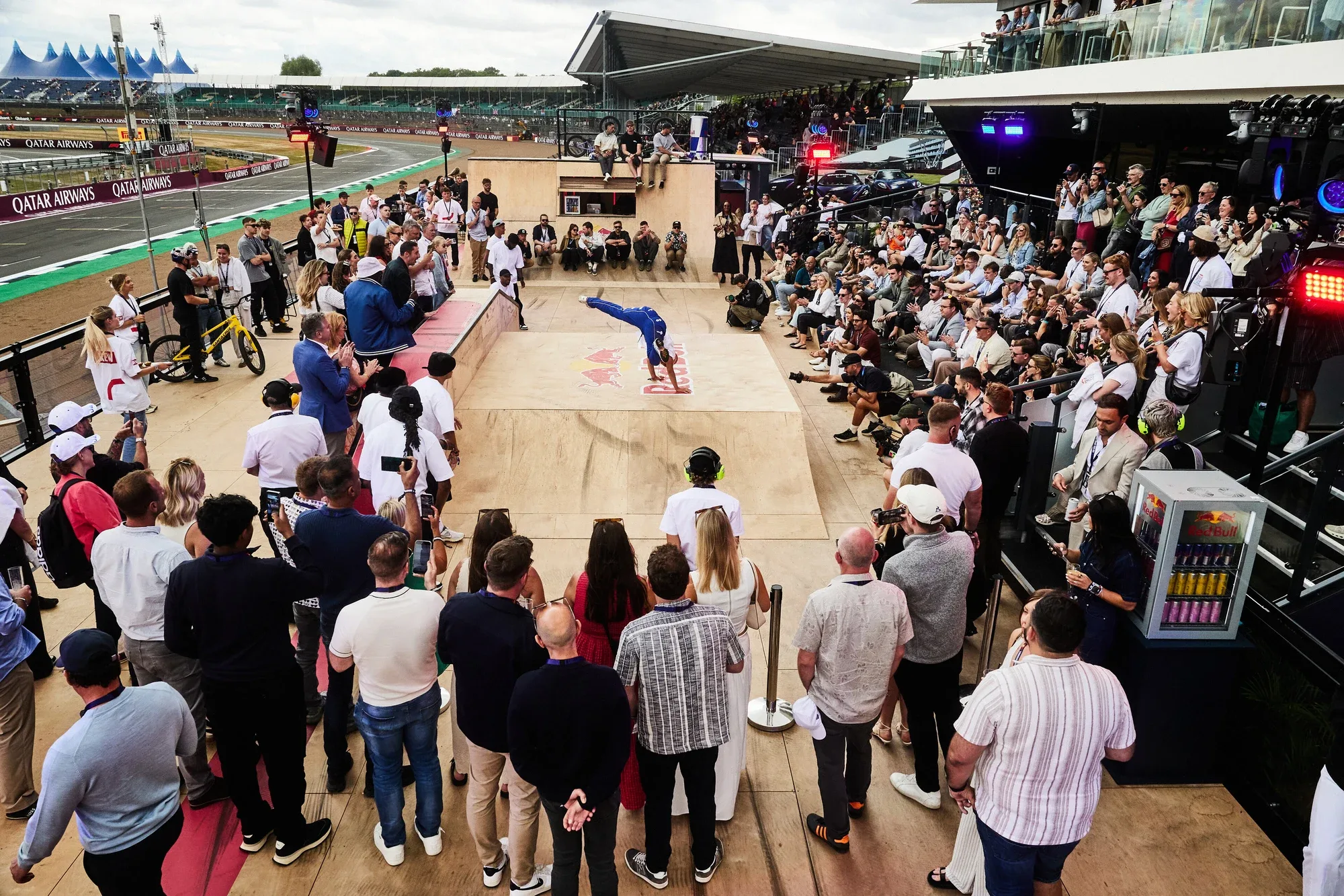 A breaker performing in front of the crowd at Red Bull Pole Position, Silverstone